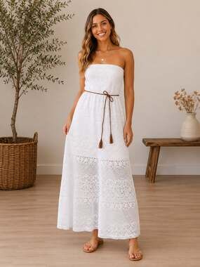 Stella Tweed White Lace Strapless Maxi Dress Boho Beach Cottagecore Size L
